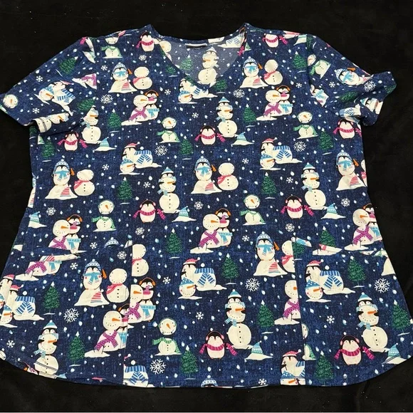 Scrubstar Snowman, Penguin and Snow Scene Winter Holiday Scrub Top. 2XL. - Picture 4 of 7